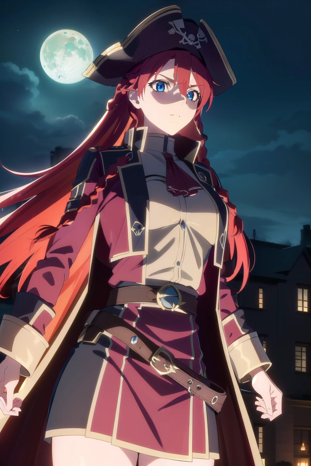 selesiaupitiria, selesia upitiria, long hair, blue eyes, braid, red hair, multicolored hair, twin braids, two-tone hair, big breasts, muscular body
(black pirate long-coat uniform), long-sleeves, (red ascot), epaulettes, belt, belt pouches, black pants, (black wide-brim pirate hat), black hat
outdoor, city, night, sky, buildings, moon, clouds, (very dark)
looking at viewer, facing the viewer, (cowboy shot)
(masterpiece:1.2), best quality, high resolution, unity 8k wallpaper, (illustration:0.8), (beautiful detailed eyes:1.6), extremely detailed face, perfect lighting, extremely detailed CG, (perfect hands, perfect anatomy)