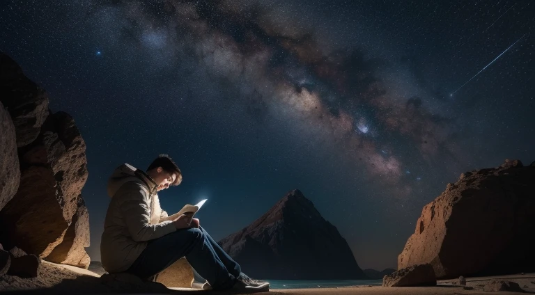 Draw a young programmer., sitting on a research platform floating in the middle of an asteroid belt. He is studying with a notebook., surrounded by several asteroids that shine with fiery auras. Spectacular illumination of distant stars and planets illuminates the scene., casting deep shadows on the suit. The young man seems confident and determined., looking at the vast and mysterious universe with awe and respect,facial hair, cowboy shot,