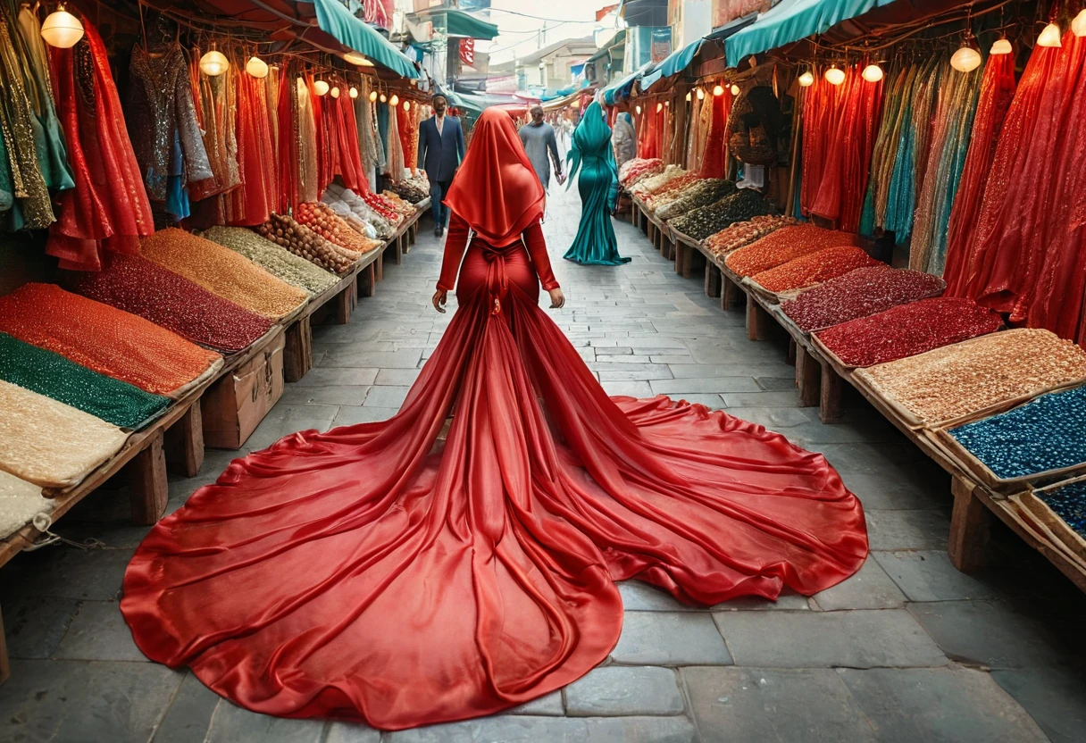 A woman shrouded in 9 meters of red silk shimmer, tight wrapped from the waist to the thighs and mermaid shape on the bottom of dress, tied tightly and magnificently draped along her body shape, big breeast, 9 meter long flowing dress tail on the floor, strugle to handle her dress,styled in mermaid inspired clothing, her head is simply veiled in a satin hijab, 185cm tall woman, walking in traditional coloth market, full body pose conveying an elegant impression, caught on camera in resolution 4k, very realistic