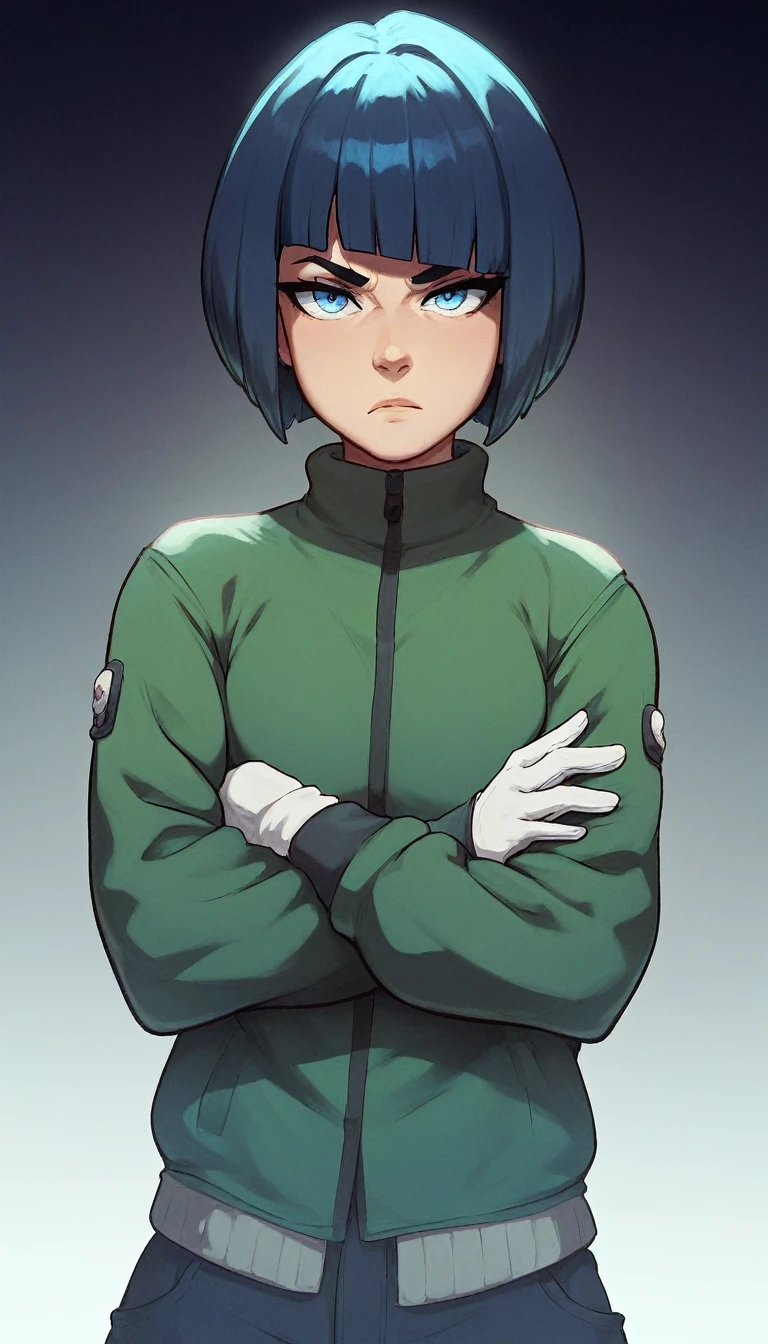 Kizi, chestnut hair, Short hair bob cut, with bangs, purple snow jacket with green sweater inside, hands crossed, Slightly serious expression, eyes large, whitegloves, blue colored eyes, fully body 