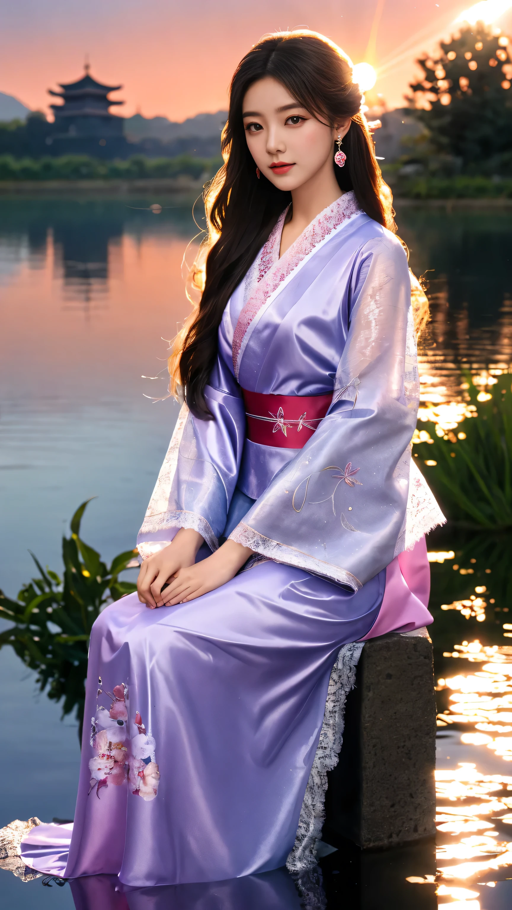 8K, UHD, masterpeiece,best quality, 1 girl, detailed face, detailed eyes, very long hair, long straight hair, small breasts, very detailed dress, kimono costume, magenta costume, ((mesh lace)), sardine, flowing sardine, jwellery, earring, ornaments, flower, evening, lake, water, sunset, depth of field, glowing light, god rays, reflection light, bloom, looking at viewer, sitting,