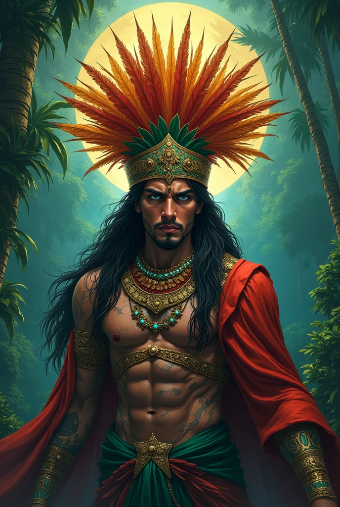 aztec art, king, skulls, jaguar, colorful headdress, roses, beautiful digital art, exquisite digital illustration, beautiful fantasy art portrait, stunning digital painting, beautiful digital painting, colorfull digital fantasy art