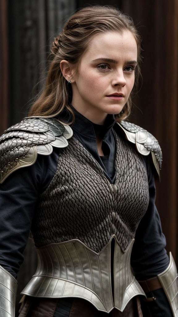 closeup photo of ewt woman, wearing dragon scale armor  