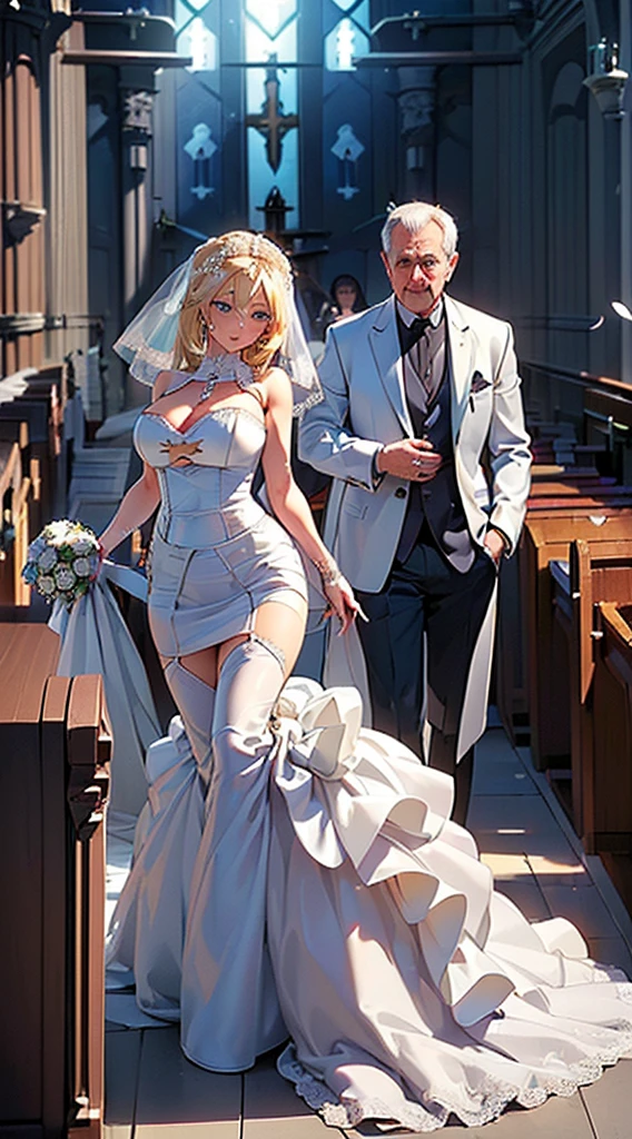 woman in a high front slit wedding dress,wearing see trough dress, inside church, walking down church aisle, surrounded by people, detailed face, elegant, photorealistic, 8k, best quality, highly detailed, intricate, dramatic lighting, cinematic, erotically romantic, soft focus, warm colors, wedding bjd, seethru