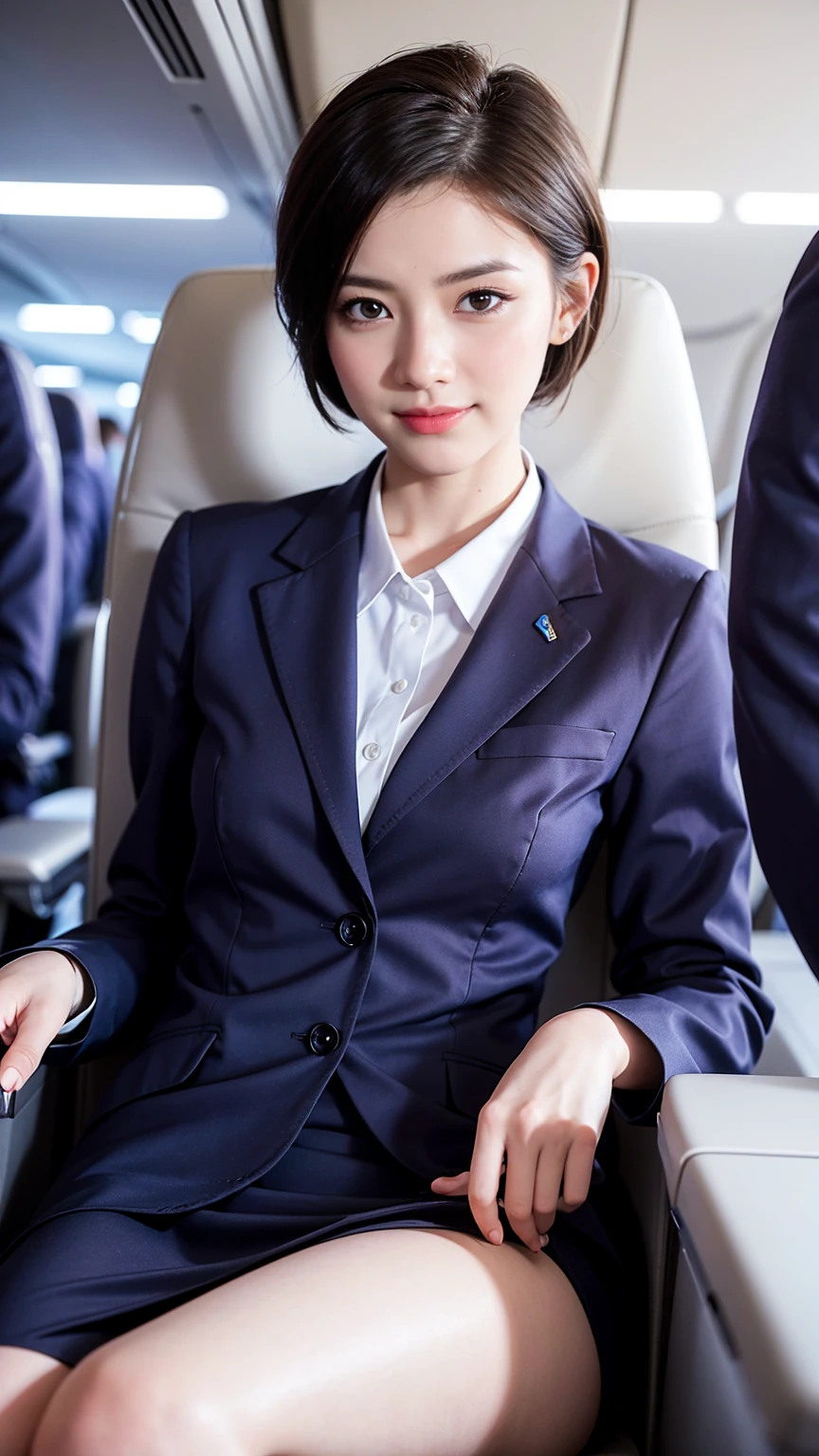 masterpiece, Best quality, Raw photorealism, Smile, Beautiful girl, Cute, Short hair, small breasts, depth of field, High resolution, Ultra detail, Very detailed eyes and face, Sharp pupils, Realistic pupils, Sharp focus, Movie lighting,upper body shot, flight attendant, uniform, like Delta airline uniform, purple delta uniform,flight attendant uniform, sexy look, sexy uniform, sexy flight attendant uniform, detailed background, Boring 787-9, in cabin, seating exit seat, look out window,