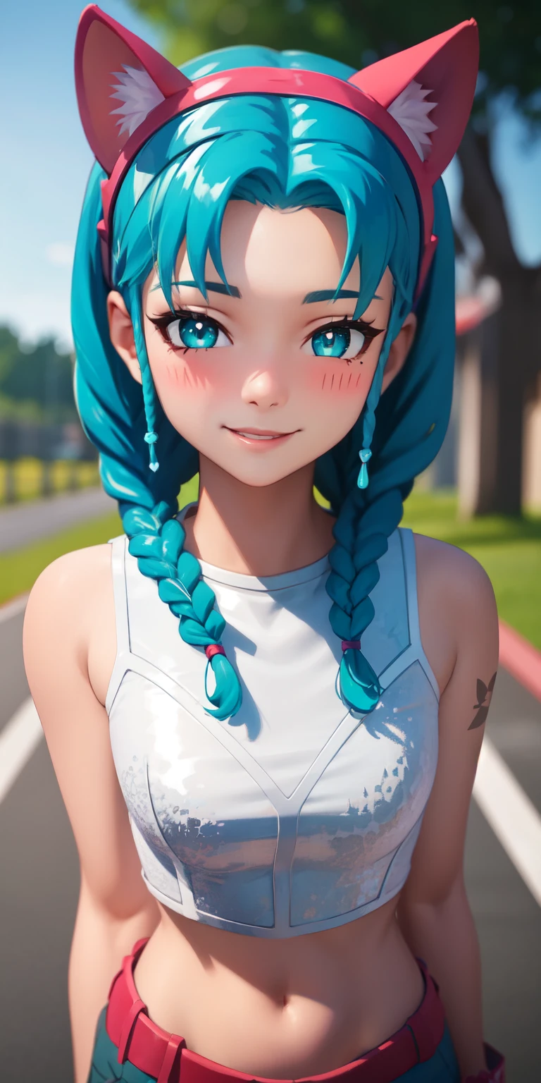 heart-shaped pupils, 1girl, aqua hair, twin braids, short hair, aqua eyes, aqua eyeshadow, (blush:1.1),upper body,heart, (speed lines:1.1),medium breasts, love, navel, cat ears headband, hairband, white crop top, smile, looking at viewer