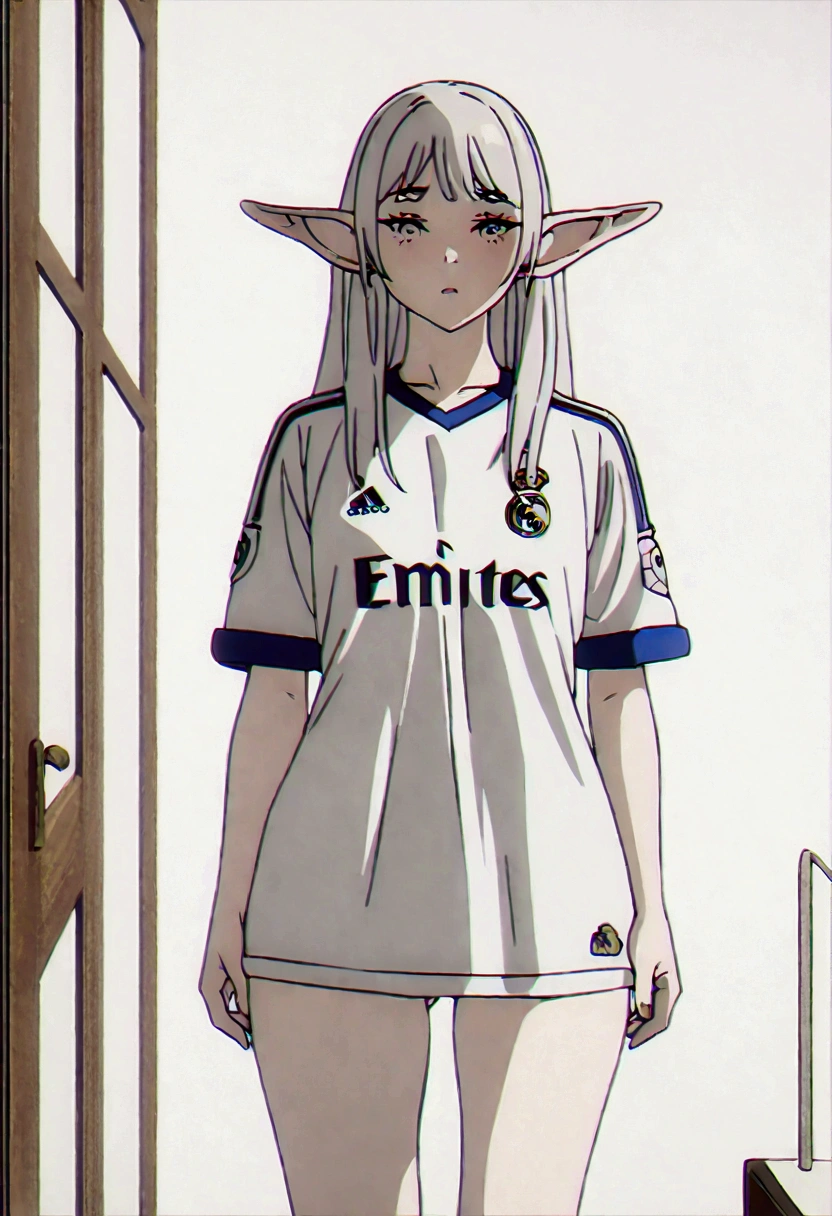 (best qualityer, work of art),sexually,  erotic, 18+, NSFW, 1 girl, 1 , dressed in the Real Madrid shirt, elf ear , 4k image quality , standing, straight posture