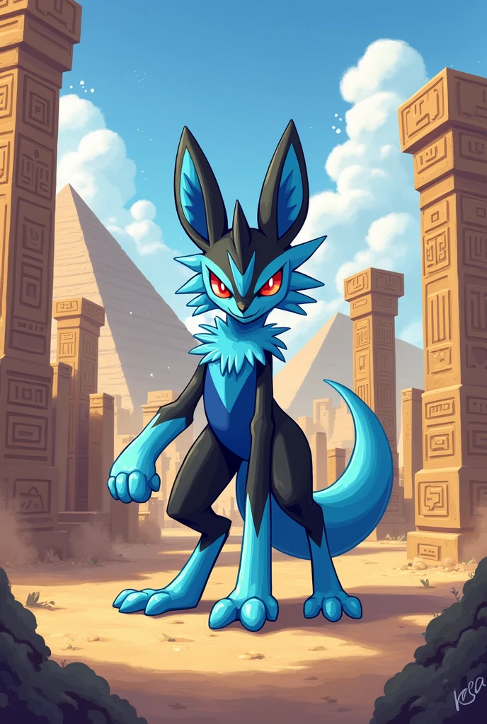 Lucario, male, single character, naked, penis, in a sand storm, in a abandoned town
