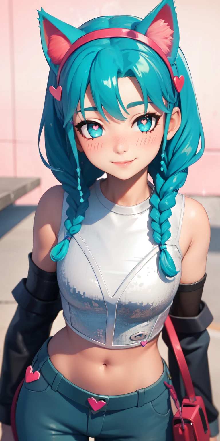 heart-shaped pupils, heart-shaped_pupils, 1girl, aqua hair, twin braids, short hair, aqua eyes, aqua eyeshadow, (blush:1.1),upper body,heart, (speed lines:1.1),medium breasts, love, navel, cat ears headband, hairband, white crop top, smile, looking at viewer