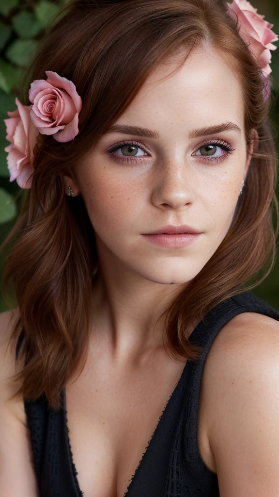 emmawatson (Masterful Digital Artwork:1. 3) of (Ultra detailed:1. 3), (raw photo ((ultra-detailed)), close-up fashion portrait of a woman, angelic face, ((ultra-detailed)), ((photo)), black tank top, pink eye shadows, roses and flowers, ((ultra-detailed)), auburn hair color, blue eyes, soft focus,