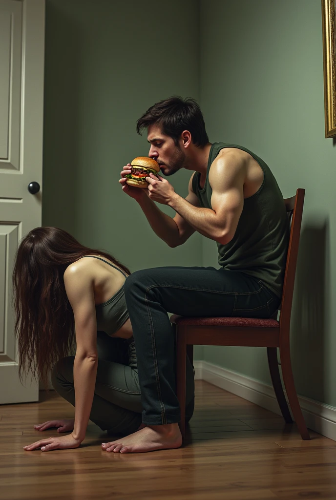 (A female athlete, the epitome of fitness and beauty, with a body sculpted like a Greek goddess, standing tall and proud in a modern, well-equipped gym. Her chiseled abdominal muscles ripple as she smirks, showcasing her dominance. Her boyfriend, a stark contrast at 200 kg, lies on a plush, food-laden couch in the center of the room, surrounded by a mountain of fast-food wrappers and containers. His flabby body is covered in crumbs and grease, a clear testament to his indulgence in the fatty foods she feeds him. With a playful yet firm grip, the athlete holds a dripping cheeseburger in one hand, teasingly bringing it to his lips as he opens his mouth to accept it. Despite his protests and whimpers, she continues to satisfy her feederism fetish, ignoring his pleas for mercy. His eyes, once filled with love and adoration, now reveal a mix of fear and desperation as he realizes he is merely an object to satisfy her desires. The gym's mirrors reflect their disparate figures, highlighting the power dynamics at play. The room's lighting casts a stark contrast between her toned physique and his shadowy bulk, symbolizing the stark divide in their lifestyles and roles in this unorthodox relationship. The scene is both captivating and disturbing, leaving the viewer to ponder the complexities of control, desire, and the human form.she alwayad tied up her boy friend in the chair, so it will be easy for him to force-feed her boyfriend 