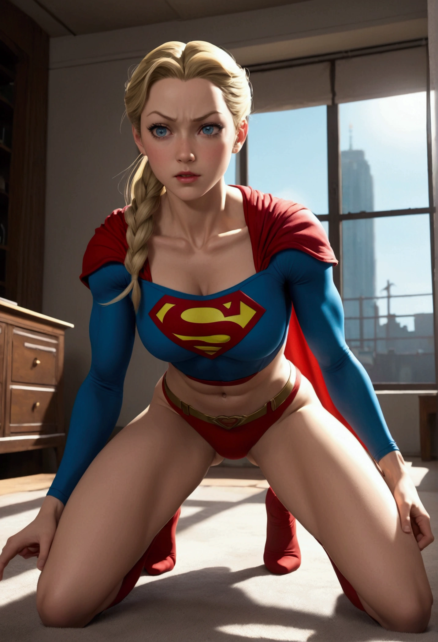 (((Full body view))), (((ELA TEM CABELOS LOIROS))), ((SUPERGIRL is at a ballet academy, emotional expression,expression of pain e desespero, gritando de dor, expression of suffering, olhos arregalados)) , ((SUPERHEROINE SUPERGIRL doing half squats, pernas abertas)), (Supergirl usando uma grande calcinha vermelha). ((SUPERGIRL tem cabelo muito loiro, ela tem cabelo longo)), ((SUPERGIRL wearing fishinet pantyhose)), ( She's wearing ballet shoes), ((SUPERGIRL wearing a thick metal necklace around her neck )), (Your clothes are immoral, your clothes are indecent, your clothes are tight), ((Shibari, arms behind the back:1.4)), ((hands on back)), ((string constraint)), ((Inescapable restraint with ropes)), (obra-prima, melhor qualidade) 1.5, 1 garota, sozinho, (sexy, mulher bonita, rosto perfeito, olhos perfeitos) corpo inteiro, ((High definition face)), ((SUPERGIRL com olhos arregalados, boca aberta, expression of fear, expression of pain, expression of despair, chorando muito, gritando de dor), (((full body view)))