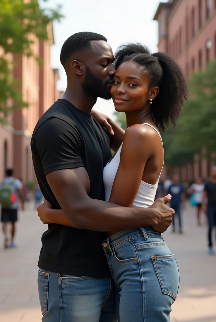 A hot young black couple with nude athletic bodies, woman on top of man, having sex on a park bench view from the side