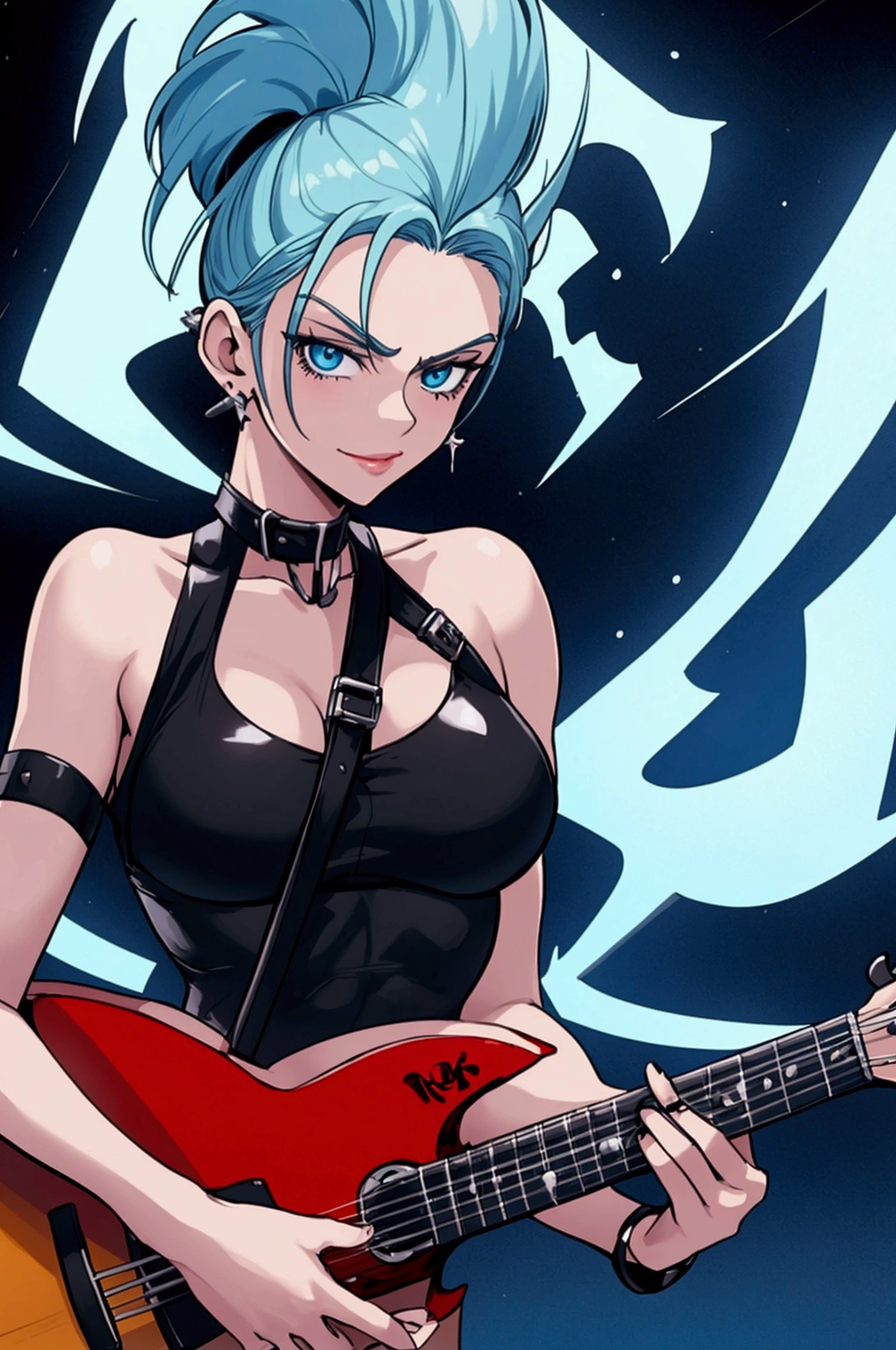 man mclain but danny phantom, man mclain mujer, playing the guitar, She is wearing a black top that is held up by a strap on her left shoulder., anatomia sexy, electric guitar, playing guitar