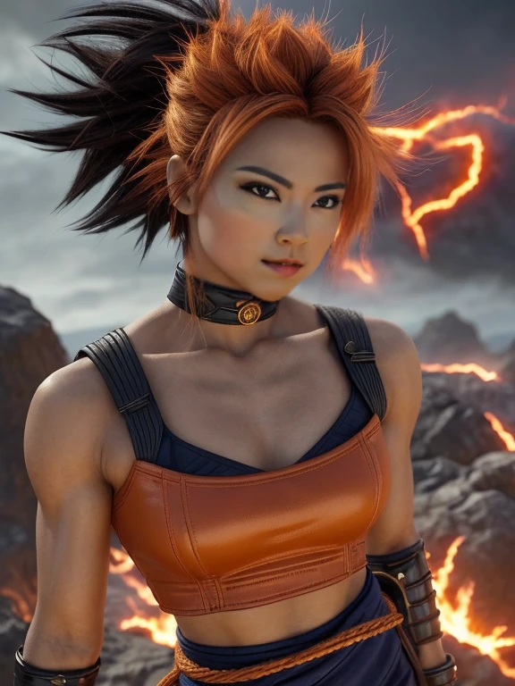 "A female Saiyan warrior in her Super Saiyan 4 form. Long, thick, spiky black hair, reaching down to her waist. Reddish skin covering most of her body, except for the torso and face, which maintain their normal skin color. Thin red fur covering the arms, legs, and subtly the upper torso, preserving a more feminine appearance. Golden eyes with red pupils, expressive and determined. Thin black eyebrows. Red monkey tail. Athletic and toned body, maintaining feminine curves. Wearing a tight top and shorts or a short skirt, adapted for combat. Confident and fierce facial expression. Bright golden aura surrounding the body. Fighting stance, emanating power and agility."