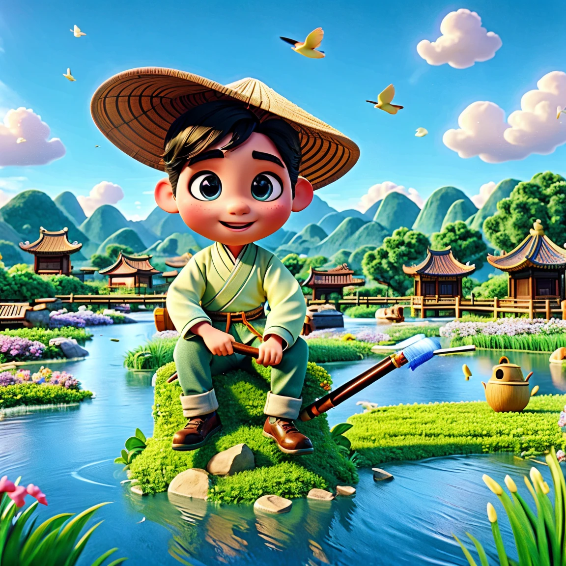 (Cute bubble mart art style: 1.1, 8k quality, hard light, clear projection), strong perspective of the picture, strong impact, 3 boys rowing dragon boat on the green lake, boy hair is black + brown, wearing green + Chinese clothing. Boy 1 holding rice dumplings in his hand, Boy 2+3 rowing with a happy expression. There are lotus leaves + lotus flowers + small jumping fish on the surface of the lake, splashing water. (Green sky, strong sunlight, pseudo 3D:1.2)