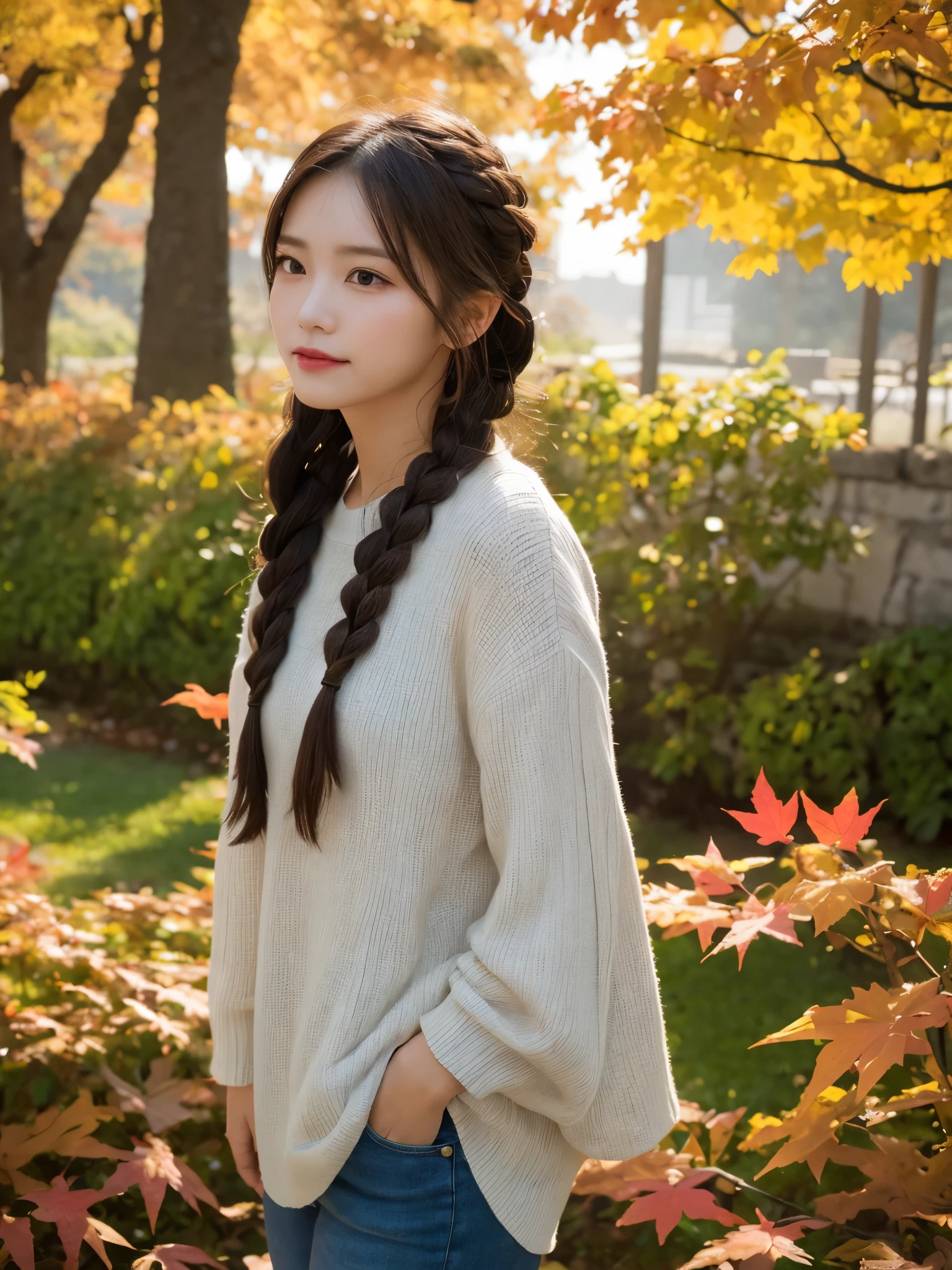 (high quality, High resolution, super detailed, RAW photo,realistic:1.37), peaceful atmosphere, (outdoors, garden), age girl standing alone, , Beautiful detail features,(( cute smile:0.2)), (french braid), ribbed sweater, red plaid skirt, black knee socks, brown boots:1.5.