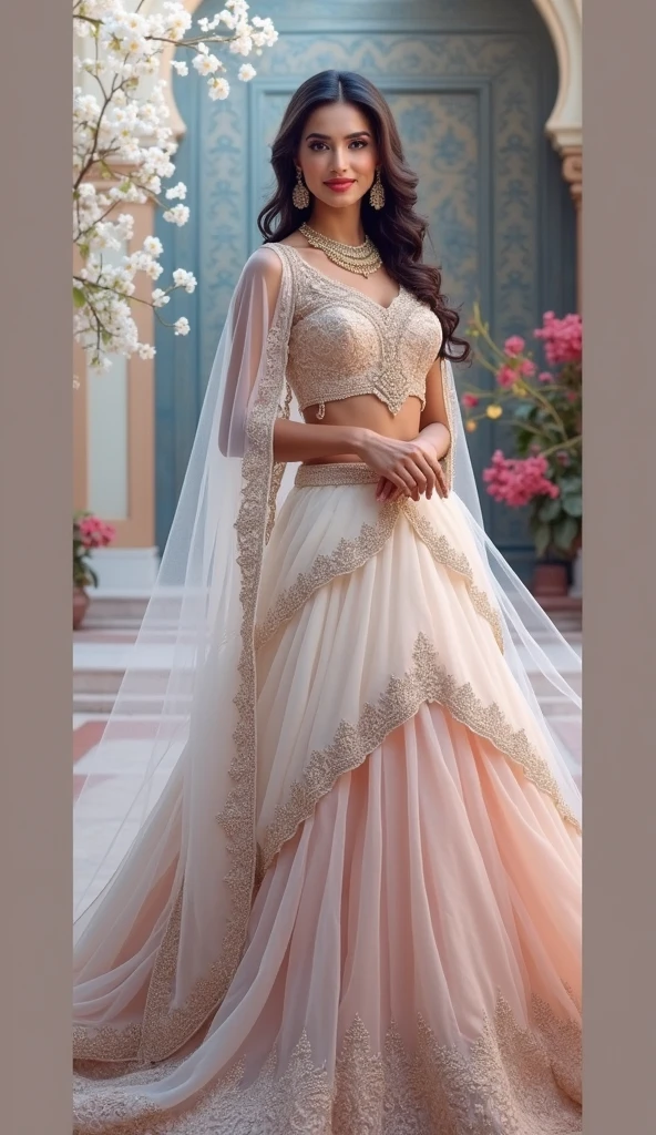 cinematic style image of p4risa_v2 wearing a layered lehenga dr3ss, embroidered, organza, lace, choker, see-through sleeves, long sleeves, choli, pearls <lora:Outfit_soph_CholiLehengaDupatta:0.8>