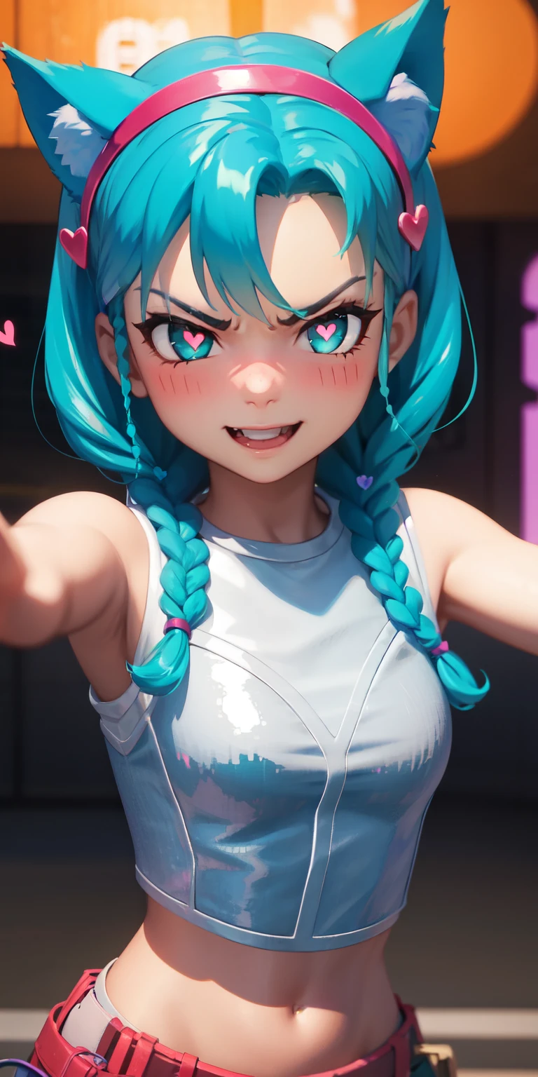 heart-shaped pupils, heart-shaped_pupils, 1girl, aqua hair, twin braids, short hair, aqua eyes, aqua eyeshadow, (blush:1.1),upper body,heart, (speed lines:1.1),medium breasts, outstretched arms, love, navel, cat ears headband, hairband, white crop top, angry, smile, looking at viewer