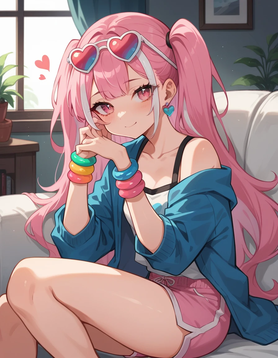 a girl with long pink hair and white streaks loose, vibrant pink eyes and small breasts. She wears a pink and blue outfit, next to a blue heart earring, colorful bracelets and sunglasses with light purple lenses, Her outfit is cute and short, But provocative and inviting, pink shorts/ pink short shorts, blue blouse, sitting on the living room sofa, resting your cheek on your hand and your elbow on the sofa. She smiles annoyingly and mischievously. pink hair with white highlights. face detailed, cabelo grande e solto