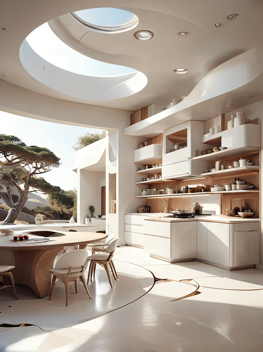 Kitchen study concept for a futuristic home incorporates organic fluidity、Circles and geometric shapes，and use artistic imagination to represent houses and landscapes, Pure white technology style，Spacious interior space, wabi sabi style.wide angle