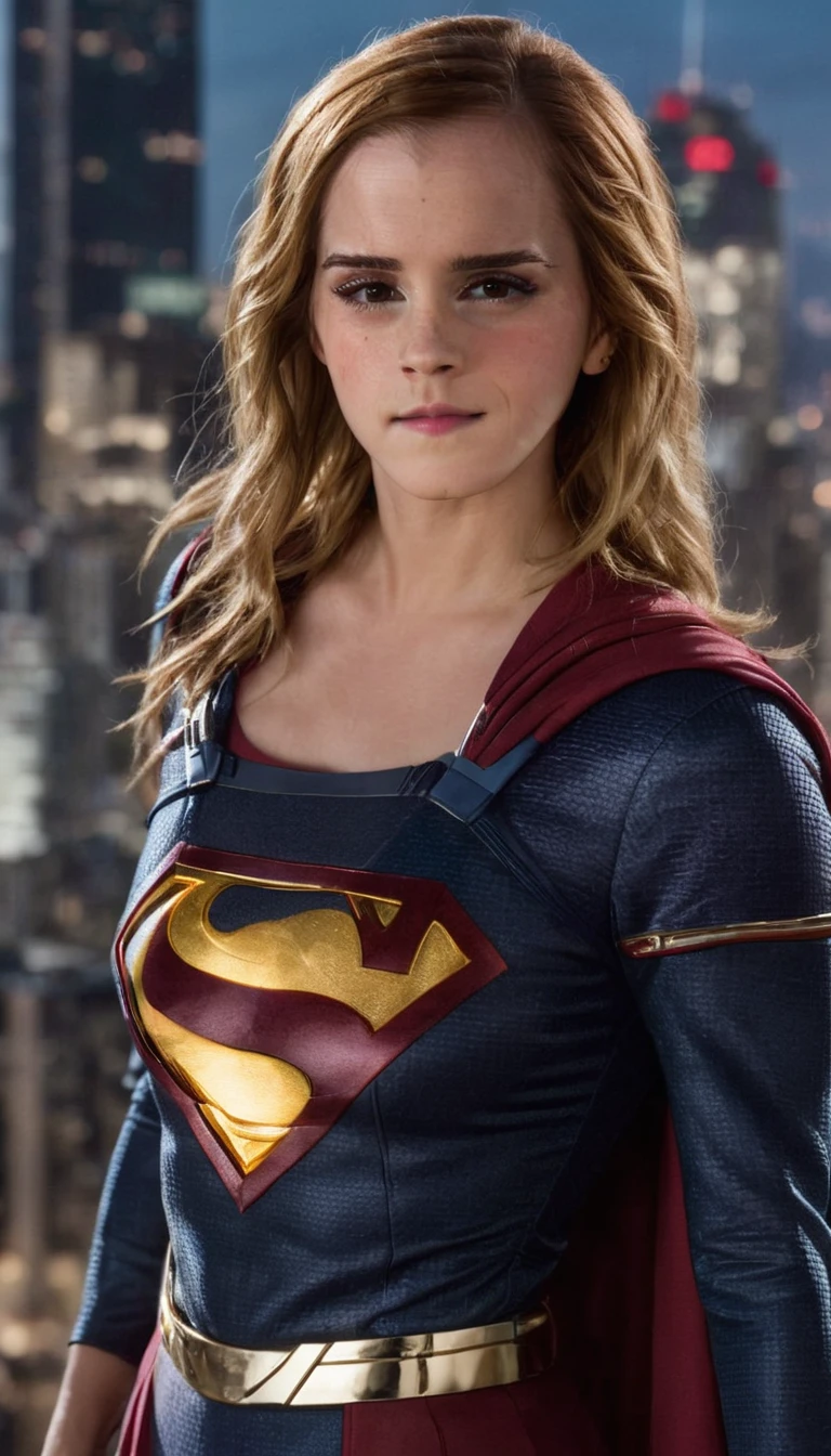 ohwx, Full length portrait of a woman, glad , eyes browns, freckles, wearing supergirl suit , skyscrapers city background, bokeh, epic (photoshot, studio lighting, strong light, sony a7, 50mm, matte skin, pores, colors, hyperdetailed, hyper realist) 