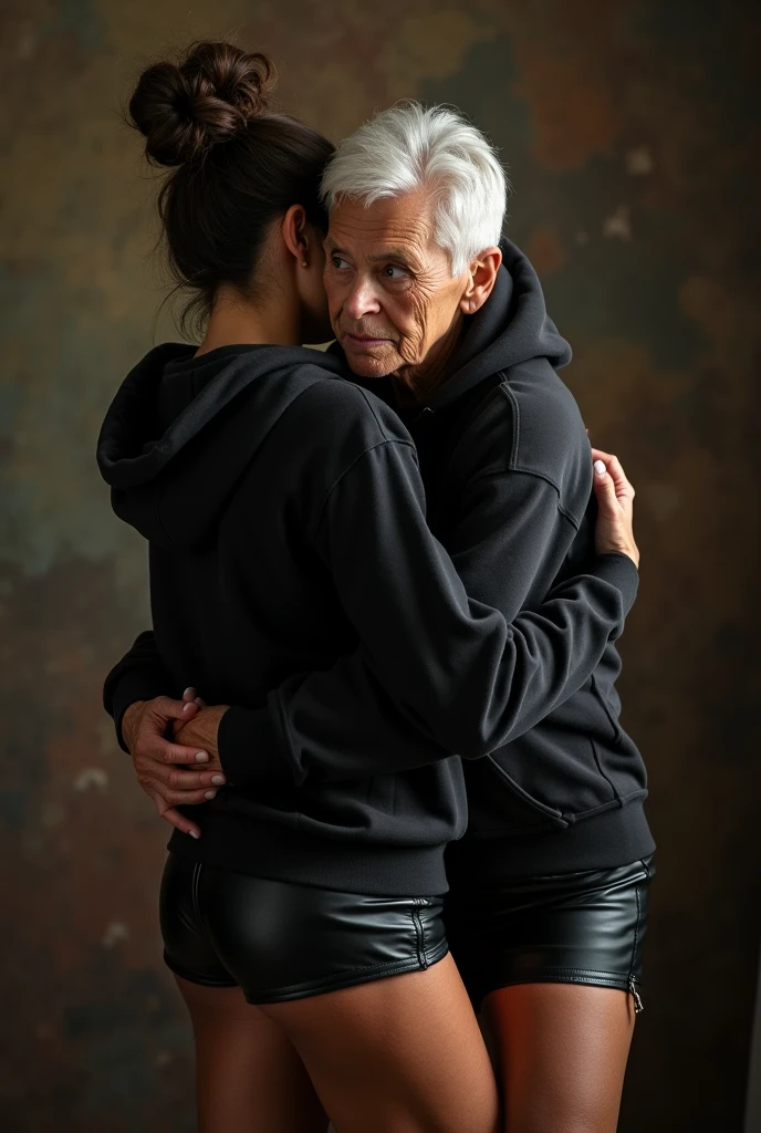 black woman hair in a bun black hoodie black leather short shorts being fucked in the ass by a old grandma in a dress