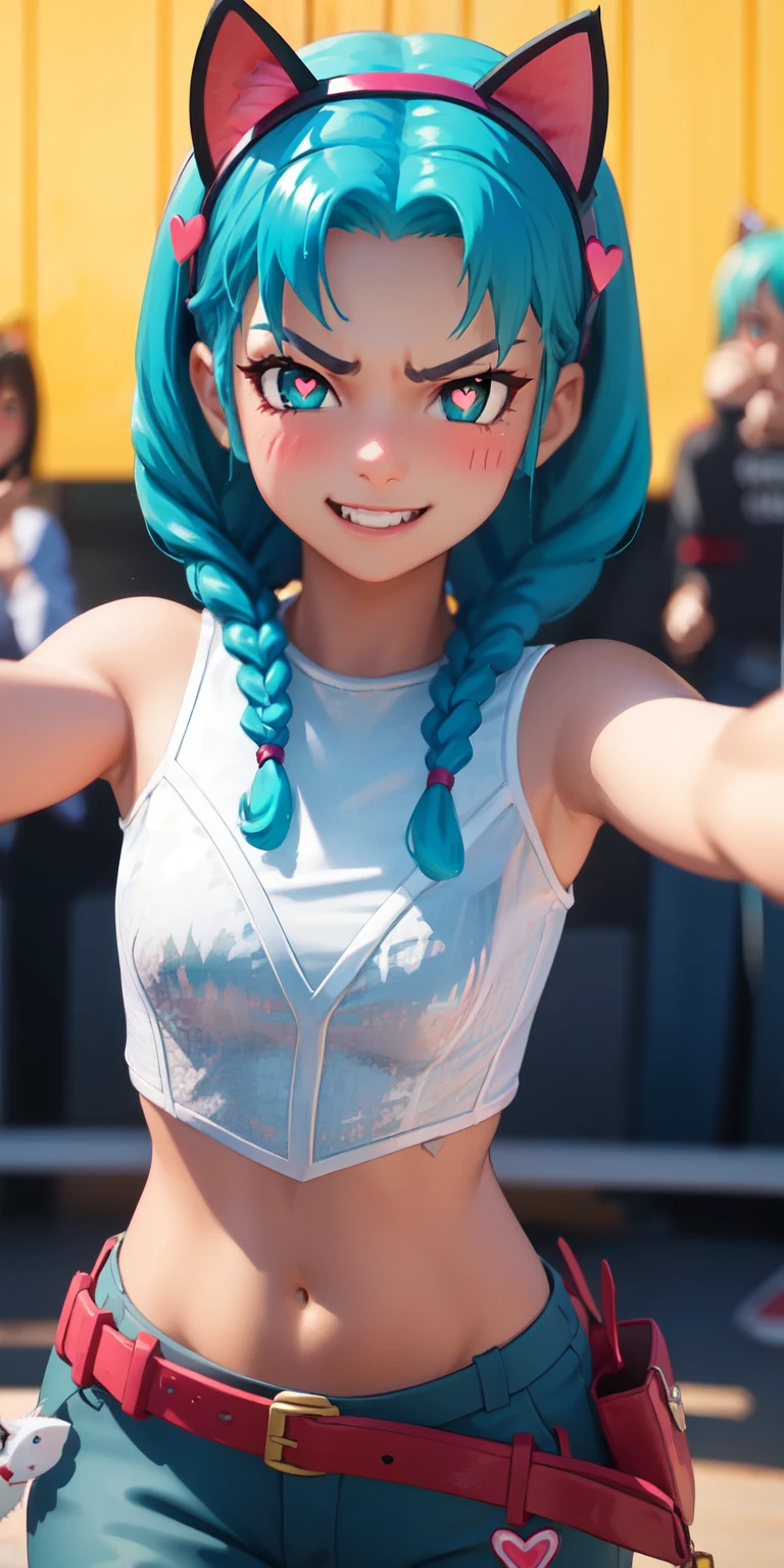 heart-shaped pupils, heart-shaped_pupils, 1girl, aqua hair, twin braids, short hair, aqua eyes, aqua eyeshadow, (blush:1.1),upper body,heart, (speed lines:1.1),medium breasts, outstretched arms, love, navel, cat ears headband, fake cat ears, hairband, white crop top, angry, smile, looking at viewer