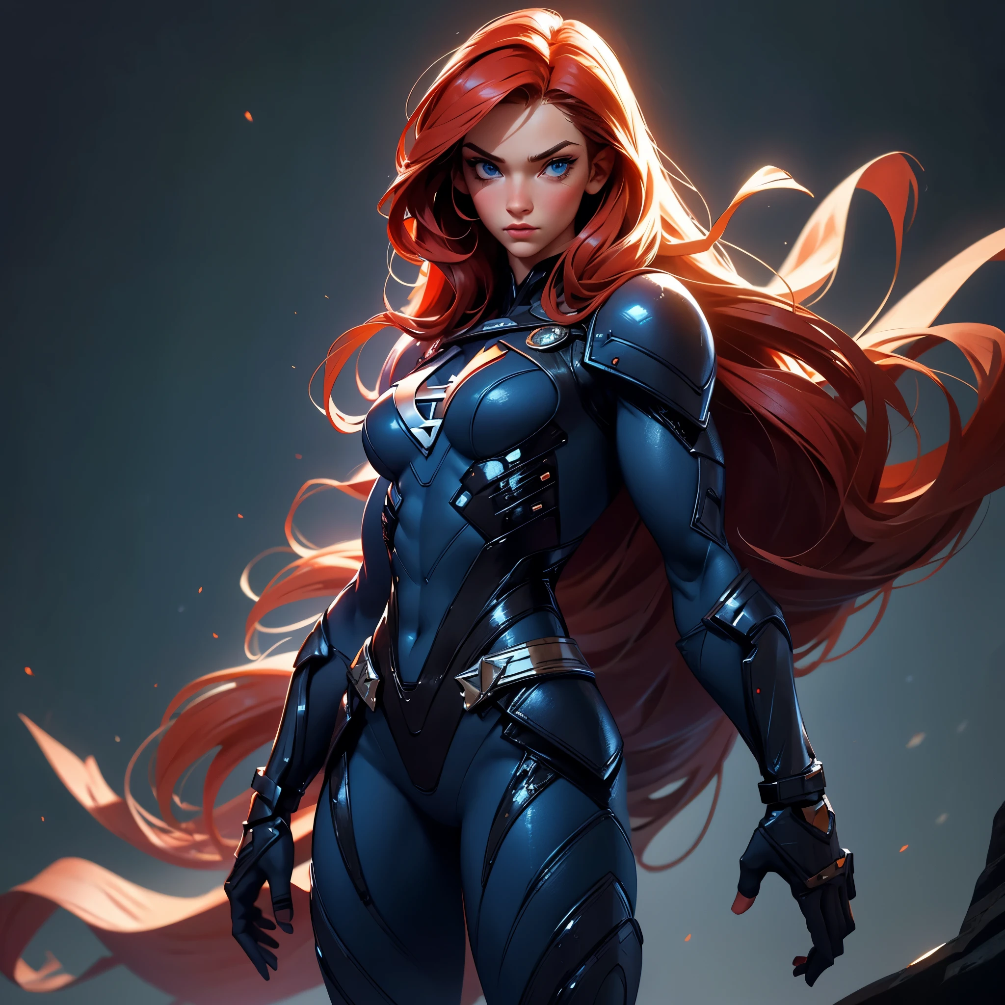 envision a 8k, highres, cinematic, beautiful close up face Pinup of a Strong warrior woman with masculine features with a ((masculine slender muscular body)), ((flat chest)), manly features, thin lips, strong face, long red hair, side locks, long bangs, blue eyes, Black tight superhero suit, black Cape, ((((1girl)))), in dark lighting, against a dark gray background