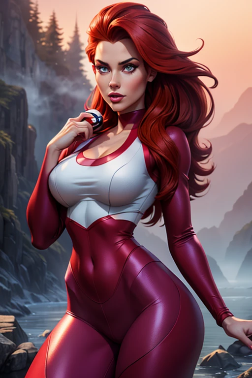 A young woman with long red hair, Misty, holding a pokeball, beautiful detailed eyes, beautiful detailed lips, extremely detailed face, longeyelashes, tight-fitting outfit, 1, misty setting, hazy background, pokemon, fantasy, digital painting, 8k, photorealistic, highly detailed, vibrant colors, dramatic lighting, cinematic composition