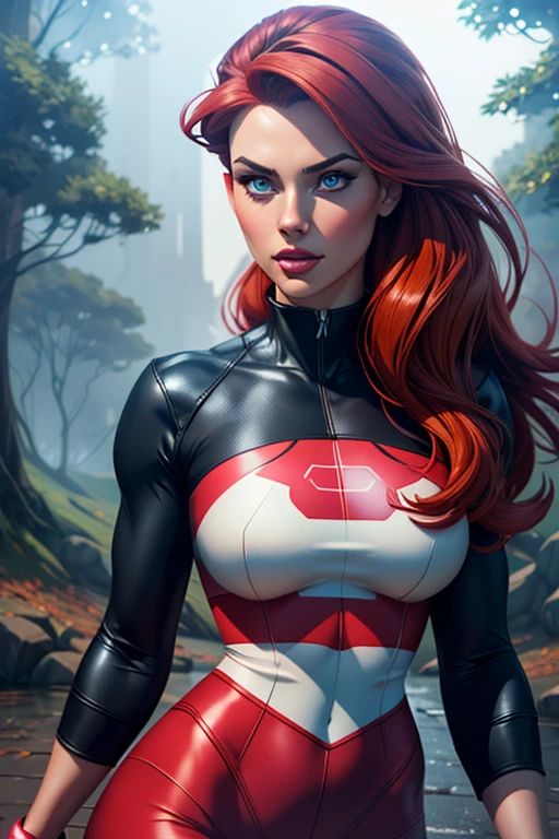 A young woman with long red hair, Misty, holding a pokeball, beautiful detailed eyes, beautiful detailed lips, extremely detailed face, longeyelashes, tight-fitting outfit, 1, misty setting, hazy background, pokemon, fantasy, digital painting, 8k, photorealistic, highly detailed, vibrant colors, dramatic lighting, cinematic composition