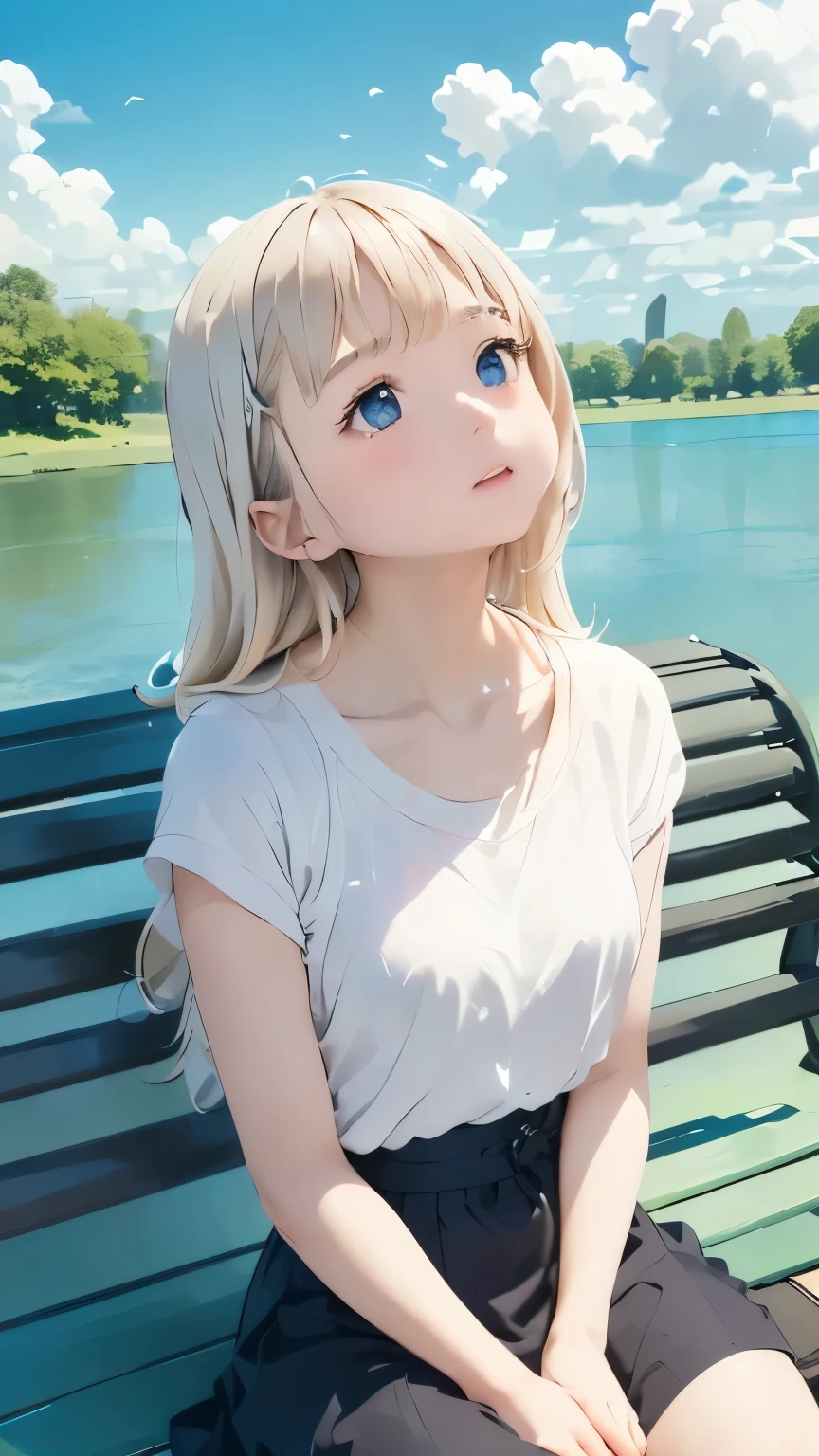 (((Sitting on a bench looking up at the sky:1.37、Girl sitting on the floor looking up at the sky:1.2、Look at the sky:1.37)))、One Girl、Extremely delicate facial and skin texture、White Summer Knitwear、Black long skirt、Everyday Scenes、Pleasant sunshine、In perfect harmony with nature、relaxation、(((Parks by the river、blue sky、White cloud、Summer day)))、Young people、、Summer vacation、Highest quality、masterpiece