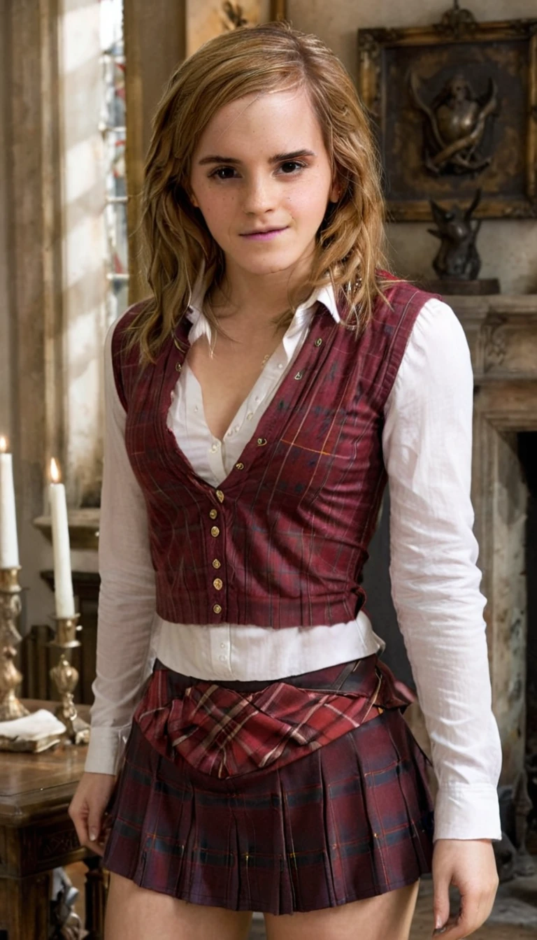 ohwx, a beautiful picture of emma_watson as Hermione granger, smiling (with teeth), wearing sexy Gryffindor outfit ((short plaid skirt, revealing white shirt tied under breasts)), ((cleavage)), ((sexy)) ,detailed skin texture,masterpiece, photorealistic, woman, 4k, light, RAW color photo,(full; body in frame:1.1), (goosebumps:0.5), detailed face, in Gryffindor common room, (1), adult