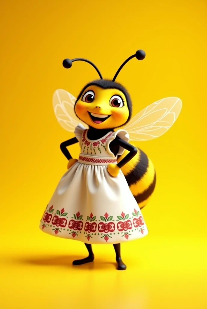 Smiling large, black and yellow bumble bee stand on a farm in a pick dress