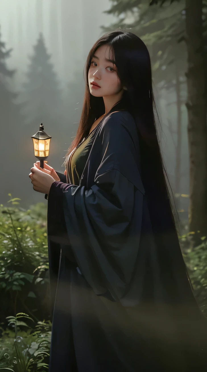 A mysterious woman walking through a foggy forest at dusk. She’s dressed in a long, flowing dark green cloak that blends with the surrounding trees. Her hair is long and wild, with a few strands of ivy woven into it. She carries a lantern that casts a soft, eerie light, illuminating her path as she moves silently through the dense mist. The forest is quiet, with only the faint rustle of leaves and the distant call of an owl, creating an atmosphere of quiet tension and ancient magic.