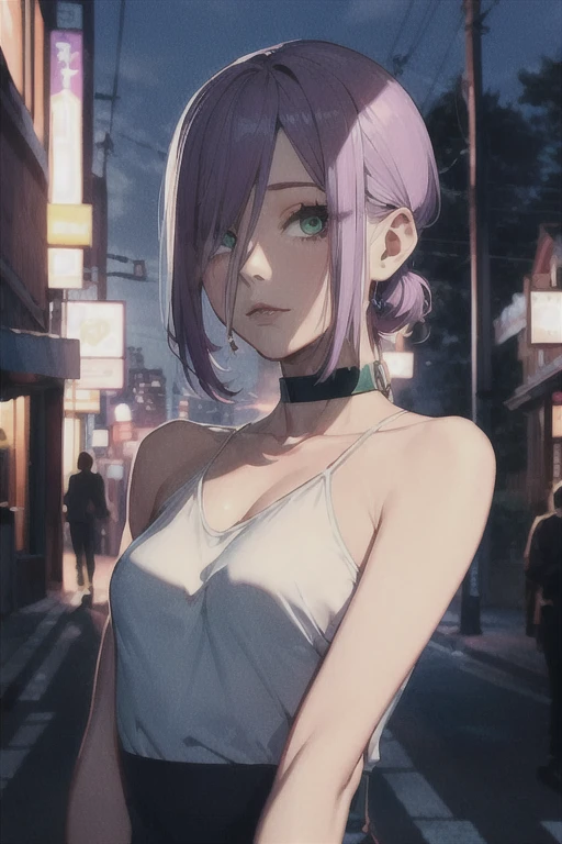 (Highest quality)、(Highest quality)、cut、Chainsaw Man、cute、(choker).eyes are emerald、Her hair is purple、Short Bob、Beautiful night view、whole body、detailed、強力なdetailed、cut、((envy)).