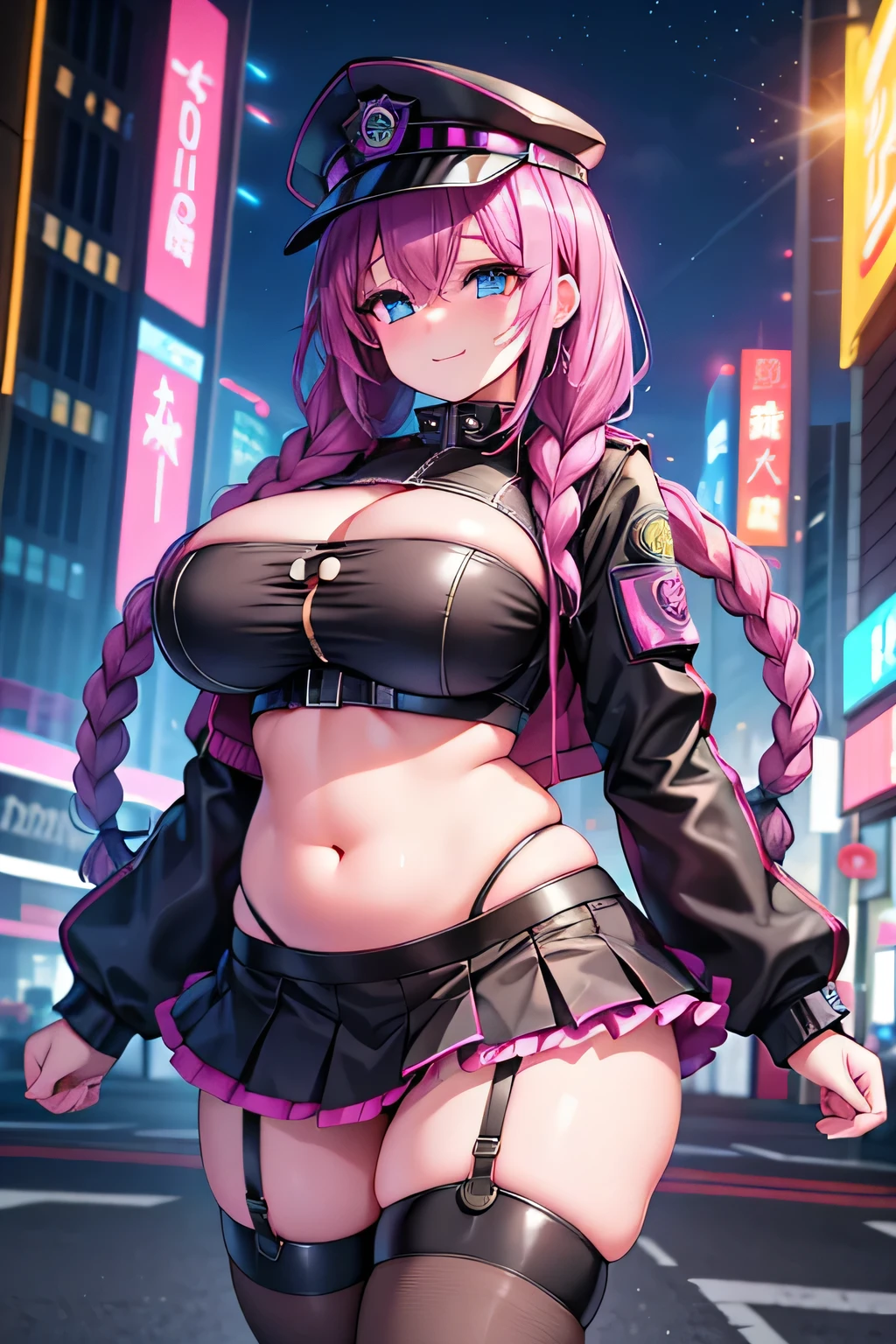 Hentai、High resolution、smile、cyber punk、A busty police officer with braids and a plump body shows off her sexual appeal at a futuristic scramble intersection late at night、A lewd cyber uniform with frills、belly button、The short skirt doesn&#39;t hide the panties、Perfect proportions、Cowboy Shot、Fatty thick legs、Clear eyes