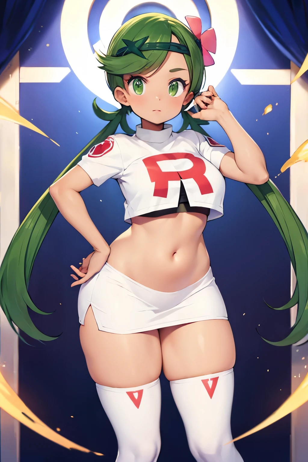 beautiful girl, grown-up looks, BEARK zodiac_mallow, green hair, dark skin, twin tails, trial badge, hairband, hair flower, green eyes, plump body, BREAK team rocket uniform, white jacket, white skirt, thighhigh boots, midriff