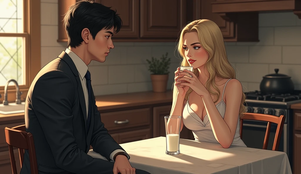 A woman with very short white hair, light brown skinned woman with violet eyes having dinner with a tall handsome man in a black dress shirt and dark hair