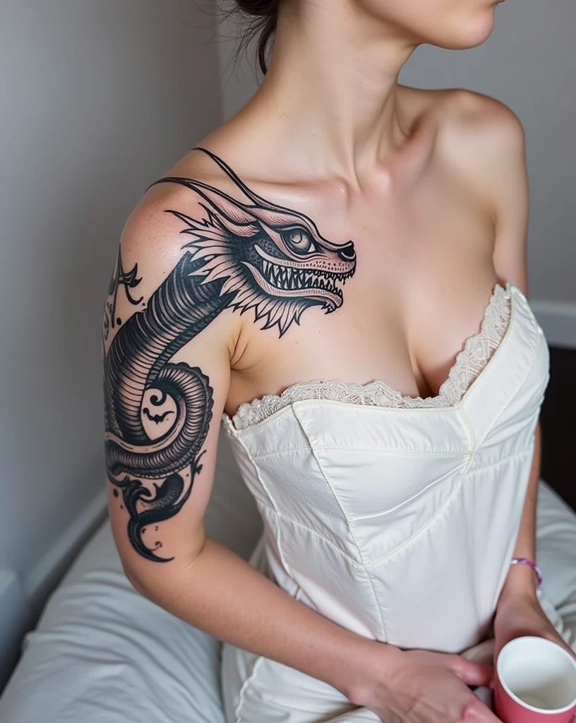 a highly detailed tattoo of a dragon on a woman's back, realistic, cinematic lighting, dramatic shadows, intricate scales, fiery breath, (best quality,4k,8k,highres,masterpiece:1.2),ultra-detailed,(realistic,photorealistic,photo-realistic:1.37),3D, hyper realistic, chiaroscuro, dramatic lighting, dramatic pose, muscular female figure, intricate tattoo design, dragon tattoo, dramatic shadows, fiery breath, cinematic composition