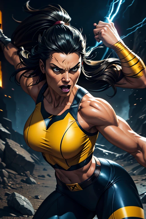 Strong Brazilian woman full of passion，Sepia muscles,Long black hair with hair, Wearing a vest, (Yellow lightning effect around her), Large of breast, (Wide posture，Bend your arms forward)