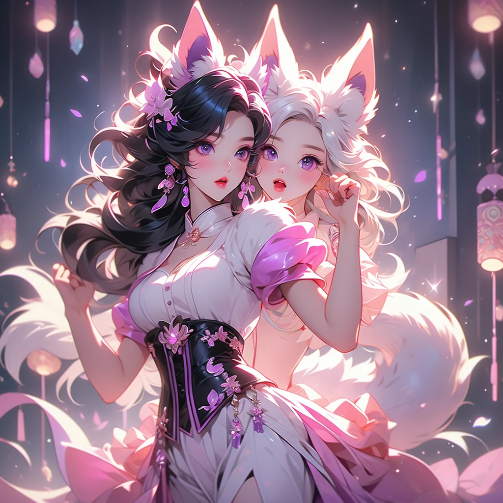 Two beautiful brides, kemono, furry, very detailed body fur, Cute white caravan with white and red roses, diamonds, lots of fairy lights, bunting, balloons, pretty, beautiful, vivid colors, Intricate, Highly detailed, Warm lighting, Sharp focus, beautiful starry sky, perfect composition, extreme camera angle,