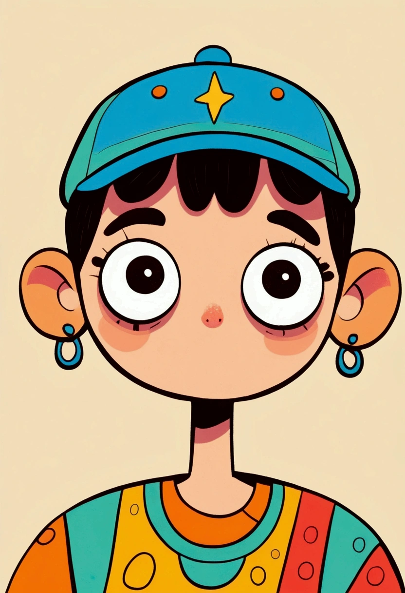 Flat Wind，Vector，Childish art cartoon，cartoon boy wearing a peaked cap,big eyes，Cute expression，Black hair，Minimalism，t-shirt，Lovely art style, rich and colorful! Digital illustration style, The art of math. rich and colorful comic, Hand drawn cartoon art style，Solid color background，Black Lines
