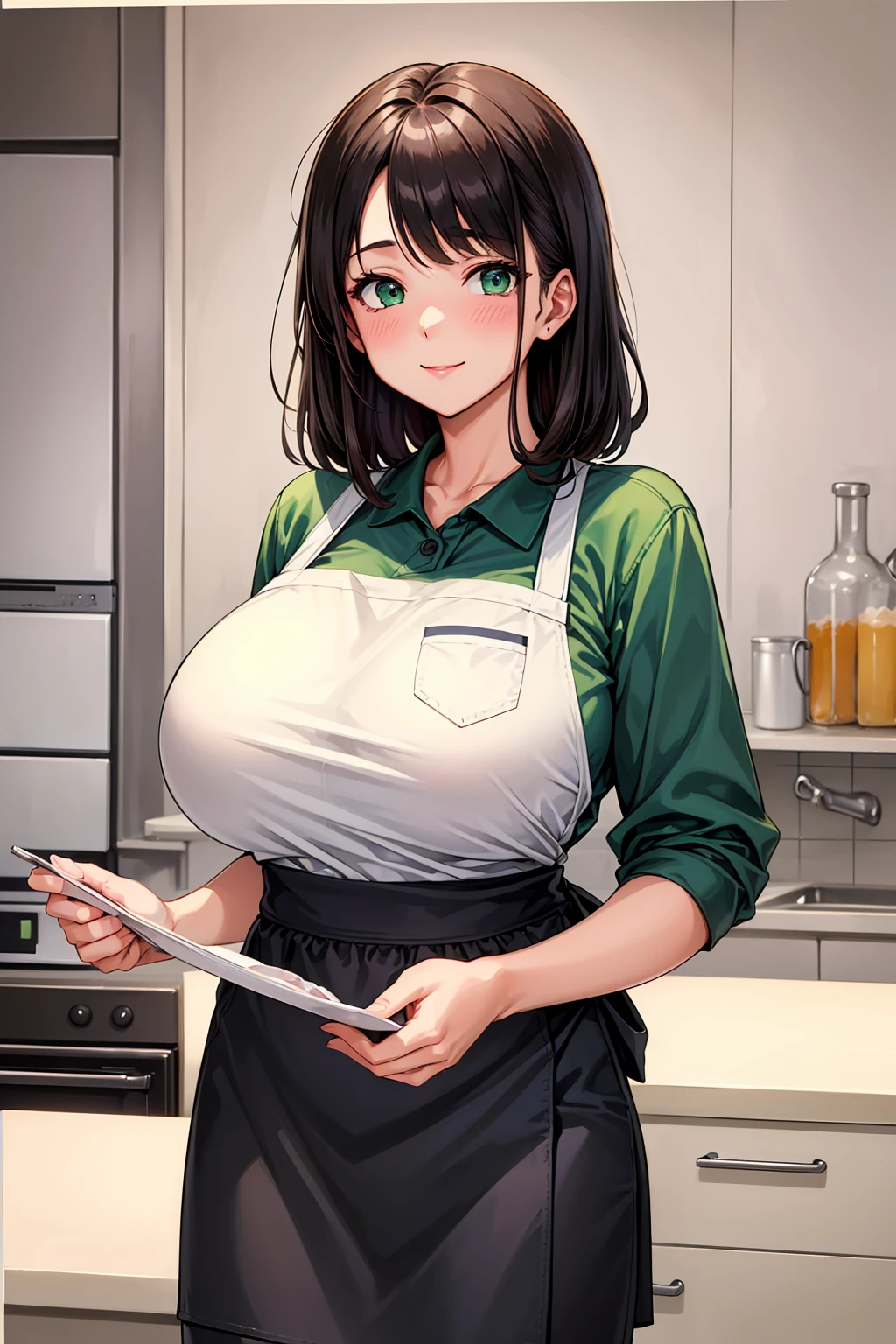 masterpiece, super high quality, Beautiful details, Very detailed,16K, Exquisite, High resolution, Beautiful background, Beautiful Eyes, Beautiful Skin, 1980s \(style\), retro artstyle, masterpiece, Highest quality, High resolution, 1 Female, solo, 2D, cheer up, Highest quality, High resolution, kitchen, ajiyoshi noriko v2, (sanpaku:1.2), beauty, ((Green apron)) break (白 rib knit sweater) break (Black tight skirt)、(Huge breasts:1.2), Mature Woman&#39;Facial Features, Smile like a mother、blush, Embarrassing, expensive, vapor、vapor、humid、Detailed costume, Detailed Background,