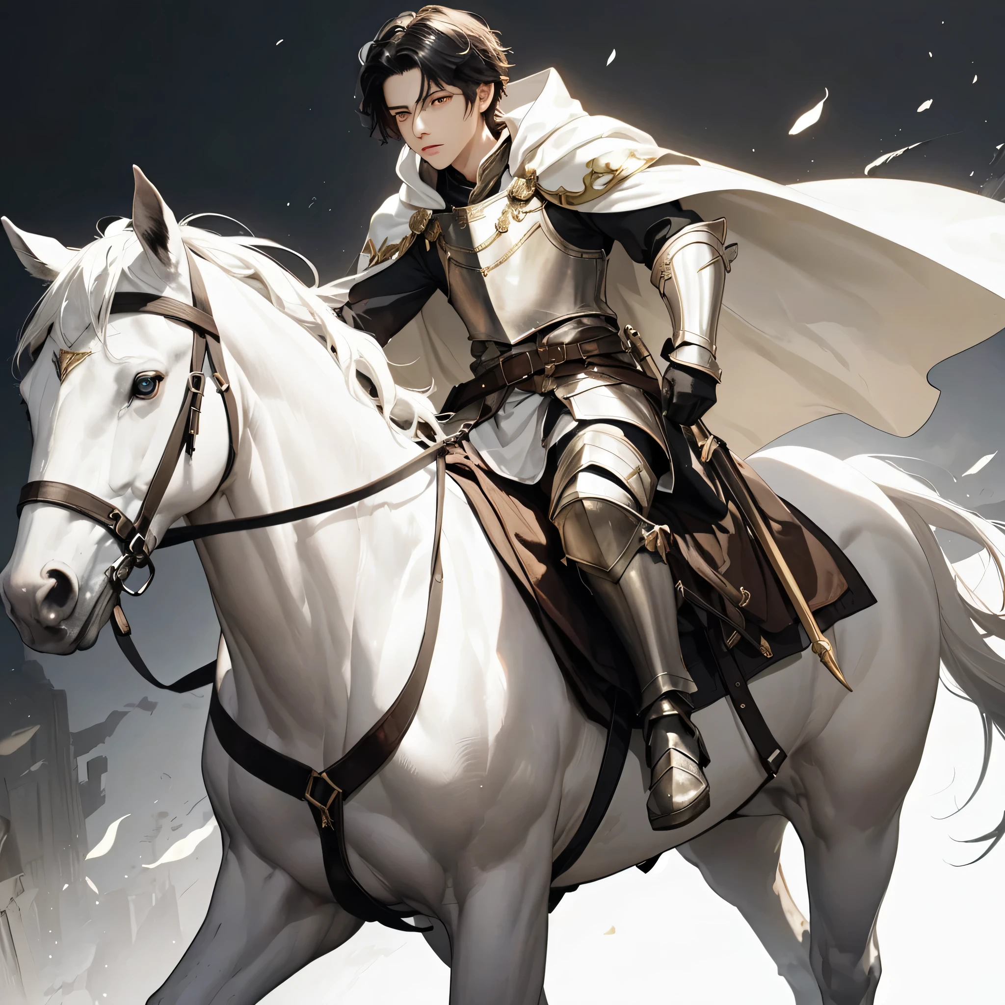 Dark fantasy, 18-years-old guy, 1 boy, male, warrior, noble, medieval, black hair, golden eyes, imponent, white armor, white cape, cape, young boy, teen boy, solo, full body, better face, on a white horse