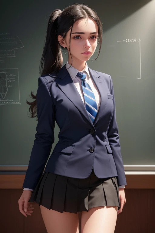 a beautiful young woman with long black hair in twin tails, beautiful detailed eyes, beautiful detailed lips, extremely detailed eyes and face, longeyelashes, wearing a blue blazer style uniform with a tie and tight skirt, knee socks, standing in an anatomy club room, gazing at the viewer with a sweet expression, surrounded by drawings of the human body on a blackboard, (best quality,4k,8k,highres,masterpiece:1.2),ultra-detailed,(realistic,photorealistic,photo-realistic:1.37),HDR,UHD,studio lighting,ultra-fine painting,sharp focus,physically-based rendering,extreme detail description,professional,vivid colors,bokeh,portraits,photography,warm colors,dramatic lighting