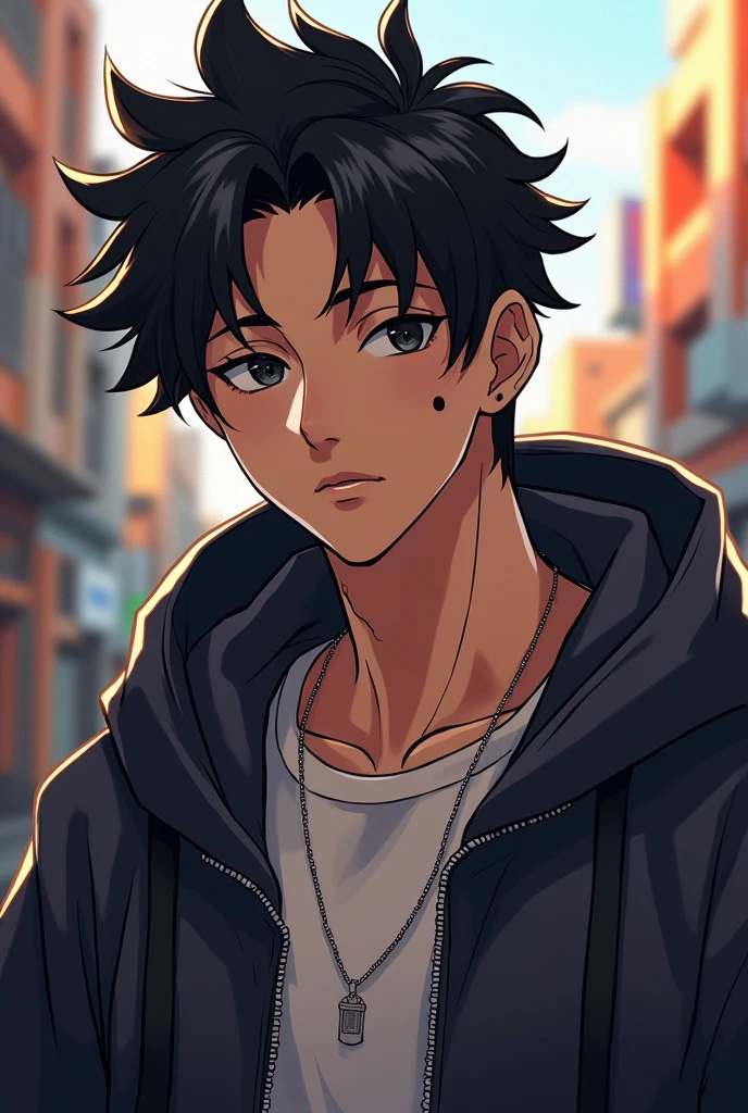 Create an image of an anime-inspired male character with an oval face, black eyes, black hair with eboy hairstyle, brown skin, with a mole on the left cheek of the face and streetwear clothing 