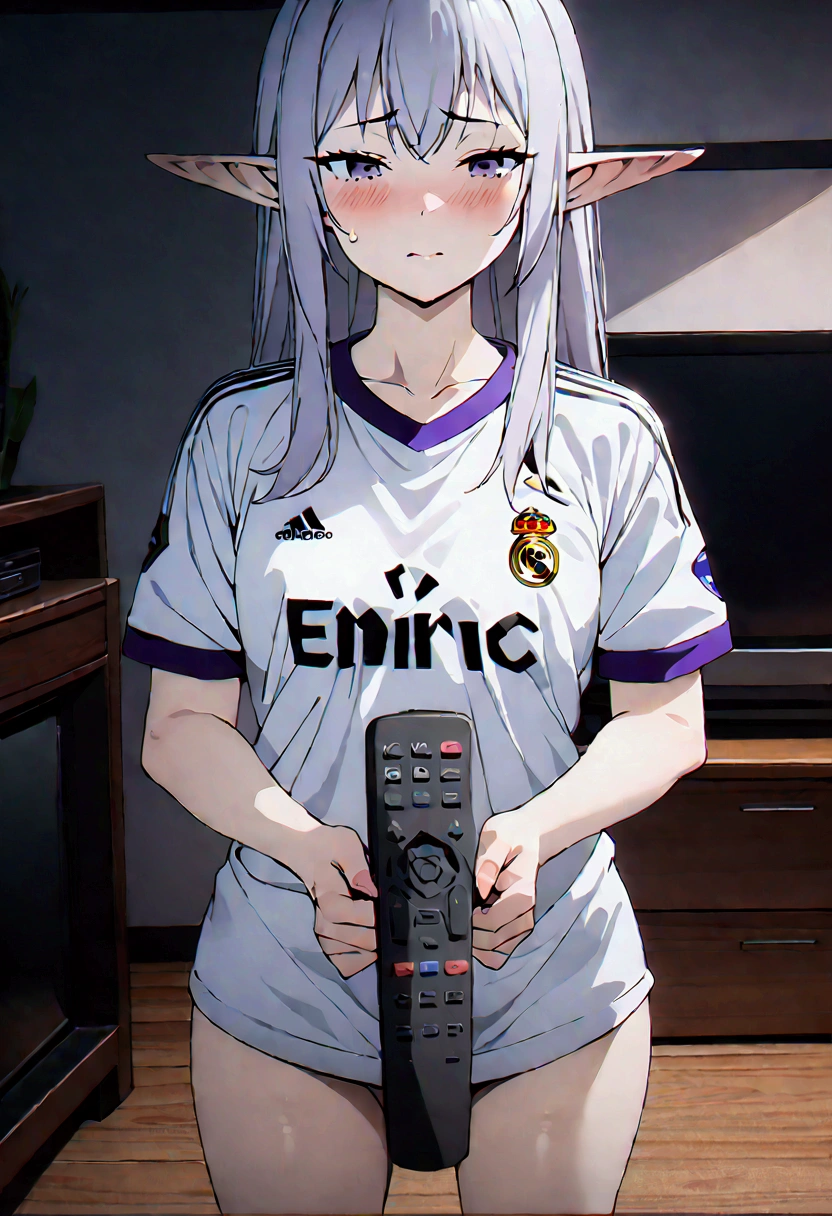 (best quality, Artwork),sexually,  erotic, 18+, NSFW, 1 girl, 1 , dressed in the Real Madrid shirt, elf ear , 4k image quality , standing, straight posture, holding the tv remote