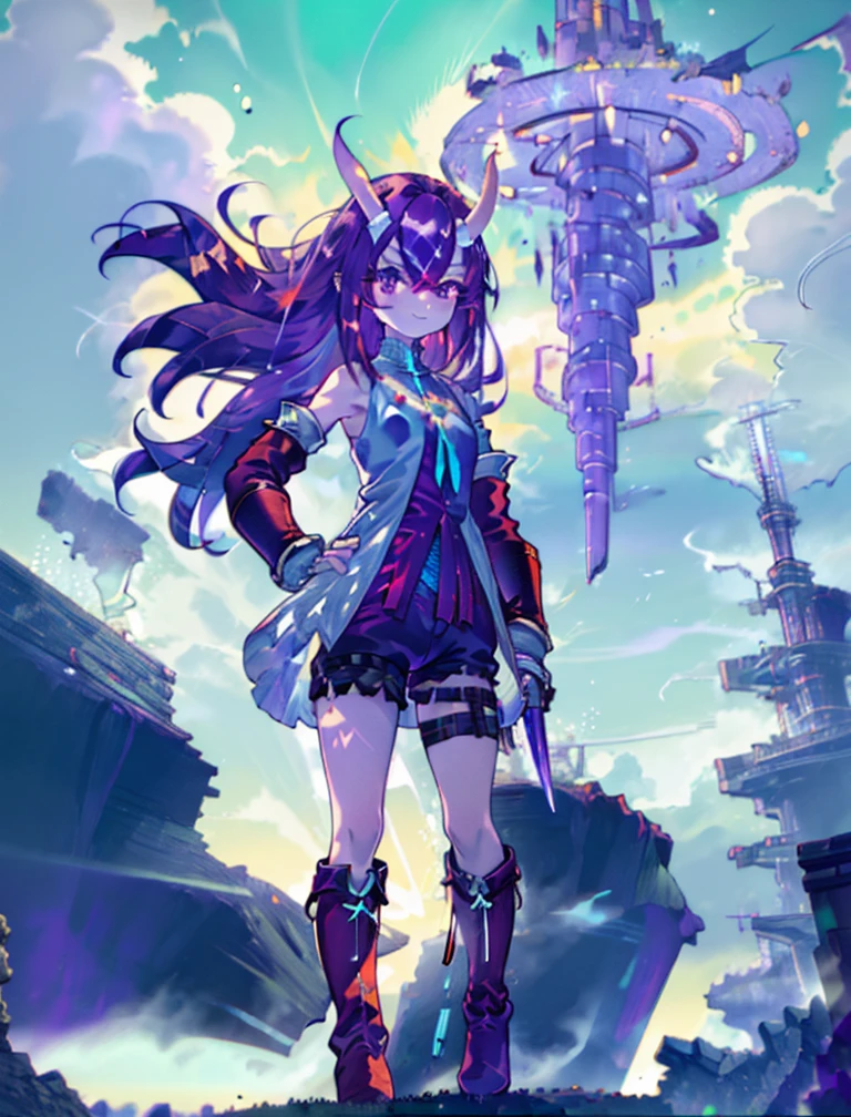 absurdres, masterpiece, 16k, uhd, (8k, RAW photo, best quality, masterpiece:1.2),(best quality, masterpiece:1.2), (Beautiful detailed background), 1girl, solo, full body, smiling, bright pink eyes, BREAK, ((long dark purple hair)), hair blowing in wind, hime cut bangs, eyeshadow, tiny skin-covered forehead horns, medium breasts, BREAK (((cyan shirt))), BREAK (((tight detached sleeves))), bare shoulders, ((red hip armor)), ((red leg armor)), (((red boots))), BREAK, (black short shorts), (black vambrace), gauntlet, (holding a sword), BREAK, cloudy grey sky, Watercolor style, confident, colorful, mahou shoujo, magical girl, cyberpunk, a heroic heroine from a fashionable futuristic world,