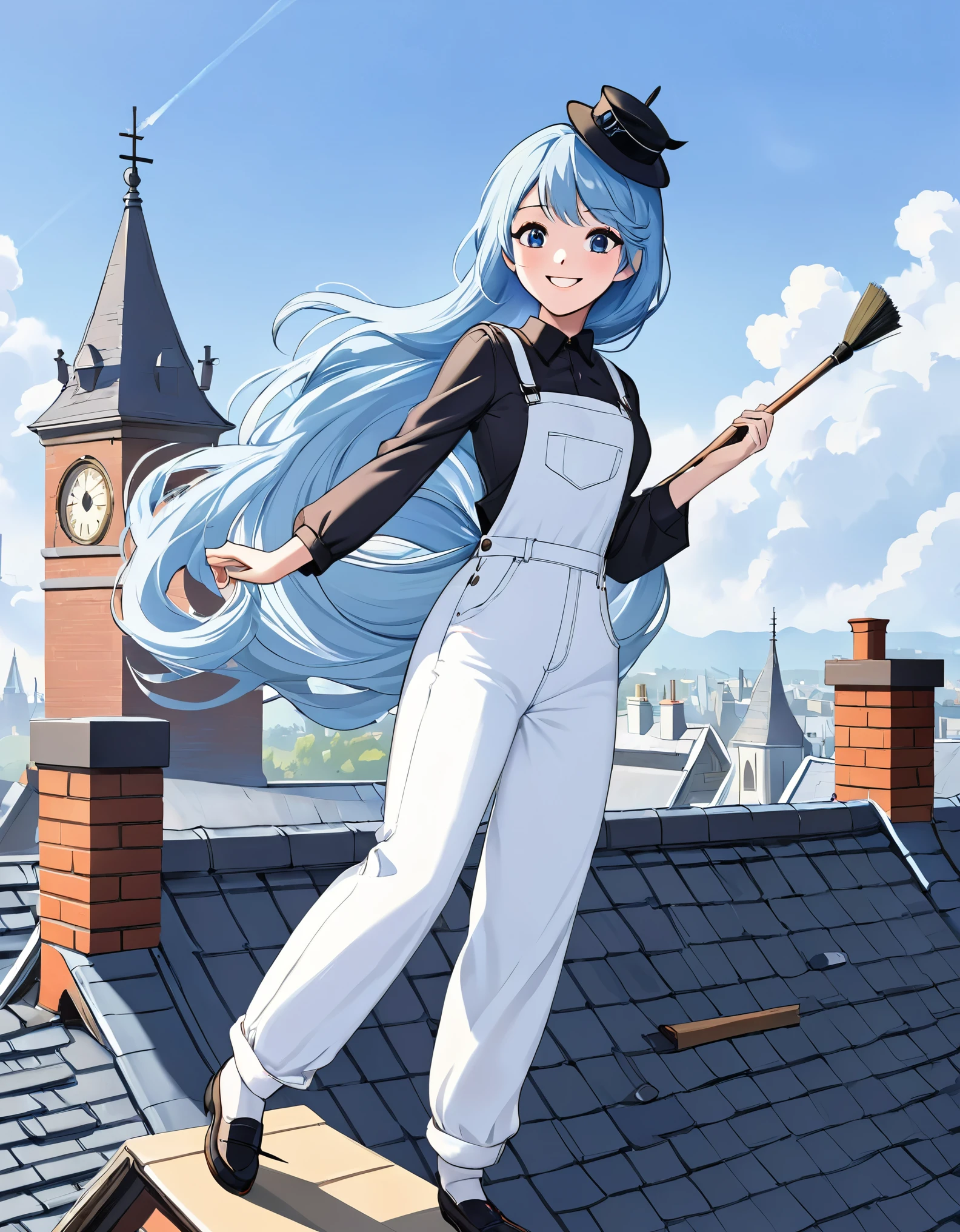 Mary Poppins with long light blue hair, smile、Chimney on the roof, White denim jumpsuit、chimney sweep